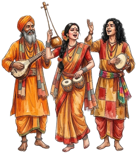 Three Baul musicians singing and playing the ektara, dotara and dugi