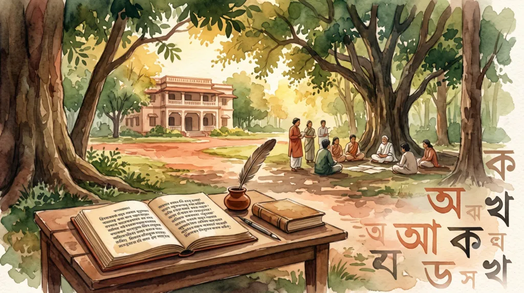 Historic open-air classroom under the trees at Visva Bharati University, Santiniketan
