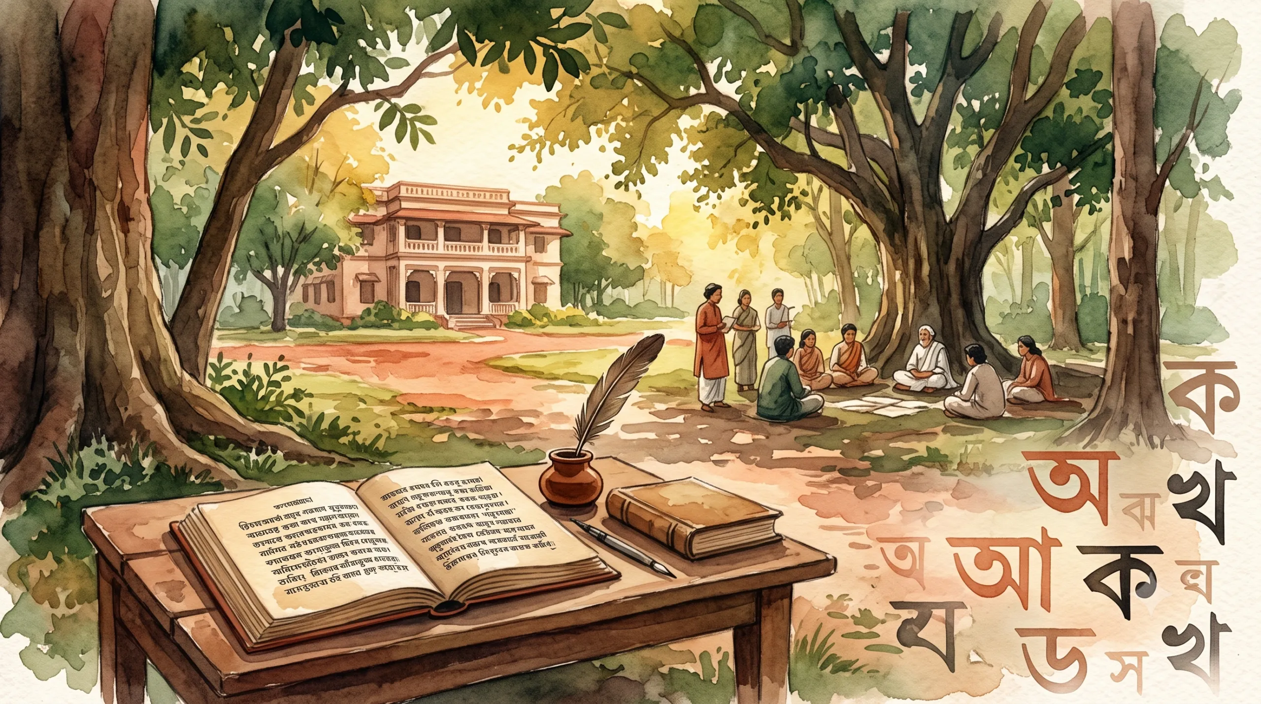 Historic open-air classroom under the trees at Visva Bharati University, Santiniketan